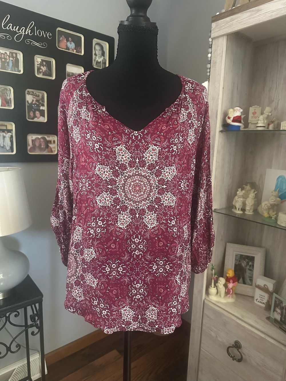 Women’s Burgundy Floral Medallion V-Neck Blouse